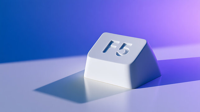Macro view of a white F5 keyboard key, showcasing its minimalist design and casting a long shadow on a vibrant purple and blue background