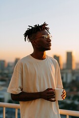 Naklejka premium Thoughtful man with glasses holding a mug on balcony at golden hour for urban poster and lifestyle background