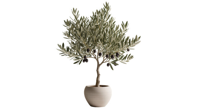 Mature olive tree with dark fruits in a round pot, isolated on transparent background