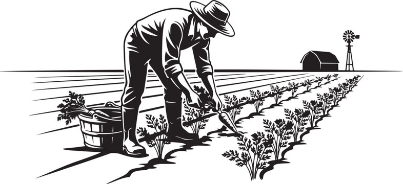 SilhouetteFarmer planting in a field, windmill and barn in background