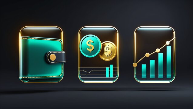 Modern financial growth concept with glowing glass icons: wallet, dollar coins, and rising market graph on dark background.