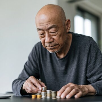 Mature man concentrating while sorting and stacking coins for personal savings and retirement budgeting background or poster