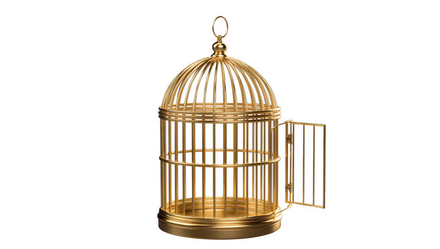 Ornate golden birdcage with open door, isolated on transparent background