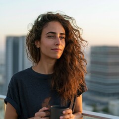 Naklejka premium Woman on balcony holding a mug with soft sunrise light and city skyline for lifestyle background and mindfulness poster