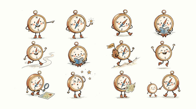 Set of cartoon compasses with faces and arms in various poses. Growth Mindset. Personal Development.