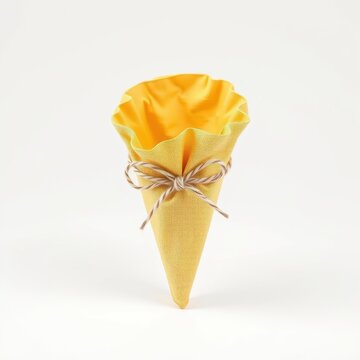 Yellow paper cone tied with twine. Simple presentation, clean background, minimalist aesthetic. Festive, giftable item.