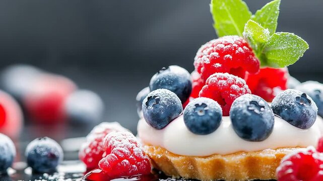 Fresh berry tart with blueberries and raspberries topped with icing sugar and mint leaves
