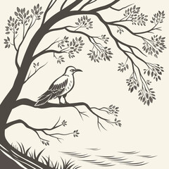 Fototapeta premium Black and white illustration of a bird perched on a tree branch with tree trunk, line art