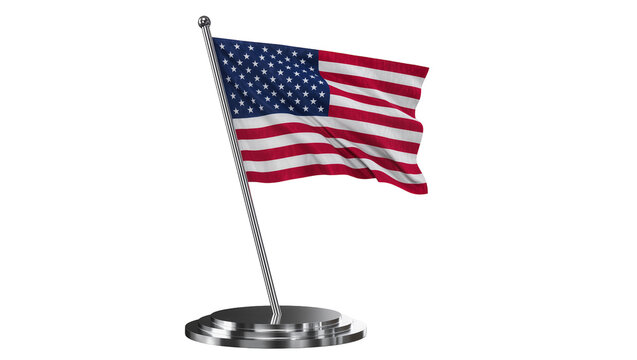 Waving American flag on a silver pole, isolated on transparent background