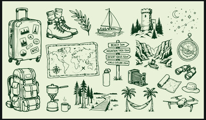 Minimalist line art of travel and adventure themed objects with exploration spirit in whimsical outdoor arrangement © Abdul Waheed Studio