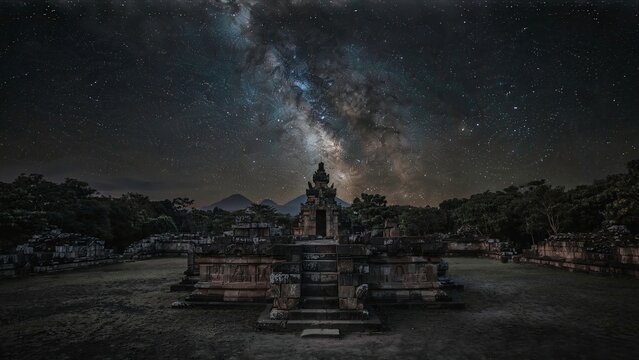Milky Way Galaxy Over Ancient Javanese Hindu Temple at Night, Indonesia Astrophotography