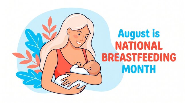 Vector illustration of a woman breastfeeding a baby with foliage national breastfeeding month text