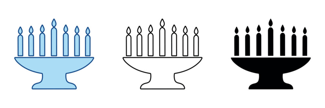 Collection of Hanukkah menorah designs in blue, outline, and black silhouette styles
