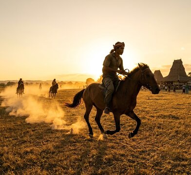 Sumbanese horseman galloping on horse raising dust at golden sunset during traditional Pasola festival with thatched roof houses in background, West Sumba Indonesia