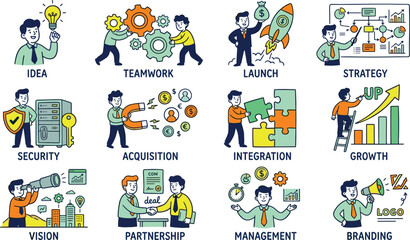 Fototapeta premium Corporate Business Strategy and Startup Management Cartoon Character Icon Set Featuring Teamwork Integration Growth and Branding Concepts for Presentations and Infographic Vectors