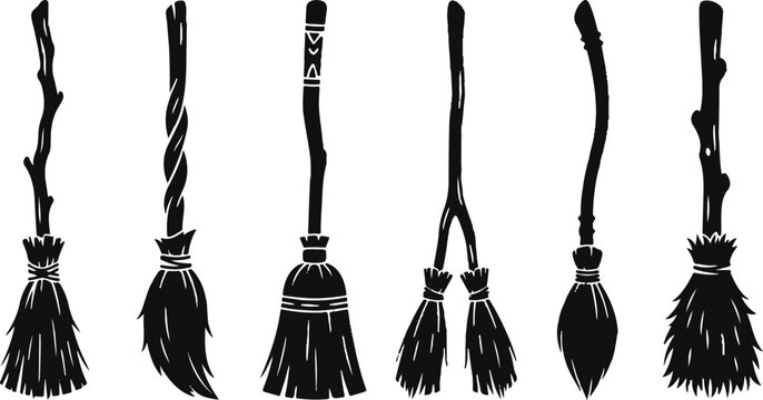 Variety of witch broom silhouettes halloween decorations and magical tools collection