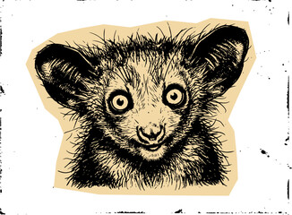 Funny aye-aye lemur head clipart illustration for scrapbook art with scrapbook portrait illustration wildlife character creature friendly whimsical detailed textured © DewiNurina