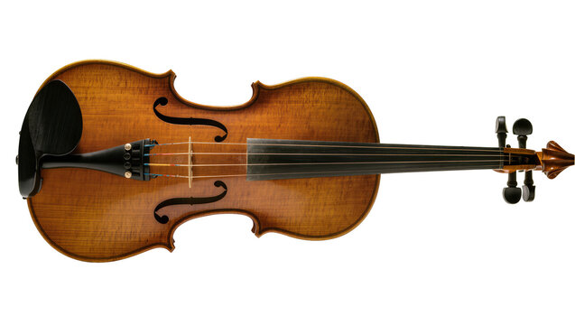 Antique wooden violin with ebony fingerboard and tailpiece, isolated on transparent background
