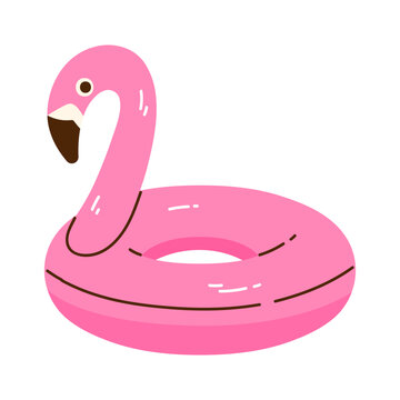 Flamingo inflatable pool float. Tropical swimming ring for summer vacation, beach holiday, pool party and water activities. Vector illustration in cartoon style. Isolated white background