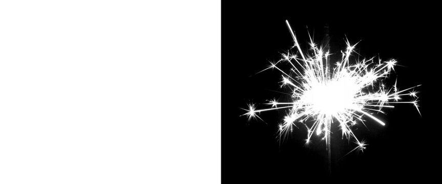 Sparkler firework alpha channel mask, glowing white light burst on black background, festive pyrotechnic spark effect for compositing and design