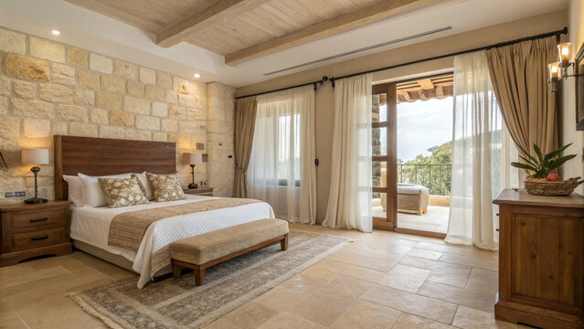 Luxury Rustic Bedroom Interior with Stone Wall, Wooden Furniture and Balcony View