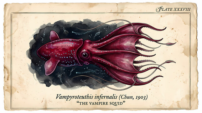 The Vampire Squid Vampyroteuthis infernalis swims through dark ocean waters