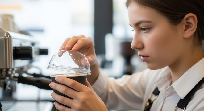 Teenage Girl Working Summer Job in Cafe Closing Lid on Takeaway Coffee Cup Preparing Fresh Drink for Customer