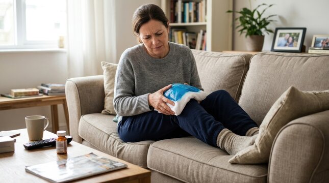 A woman sits on a sofa, holding her abdomen and clutching an ice pack. She appears to be in pain and discomfort.