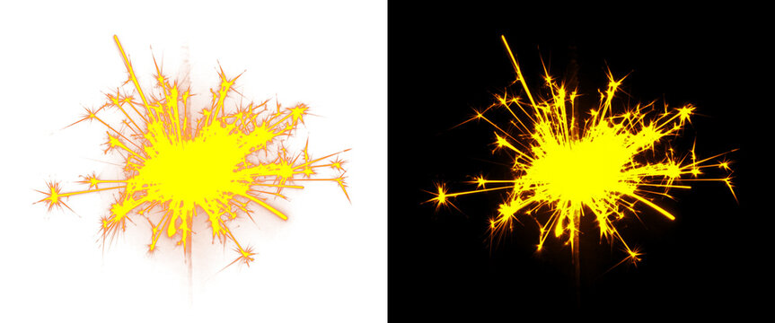 Glowing yellow sparkler firework burst, bright golden light sparks on black and white backgrounds, festive pyrotechnic explosion for celebration