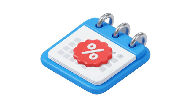 Vector illustration of 3d calendar icon with a red percentage sign for sales and discount events on a transparent background