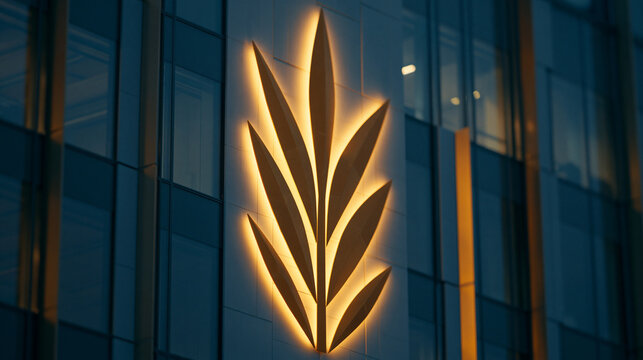 Stylized leaf emblem illuminated on a modern building facade.