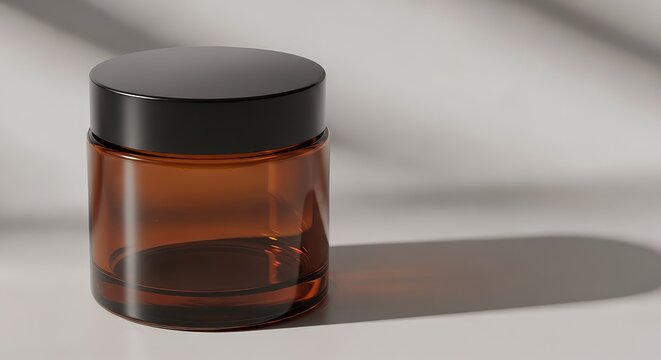 A clean, minimalist amber glass cosmetic jar with a black lid rests on a neutral surface with soft shadows for professional branding needs, treatment, isolate, commercial