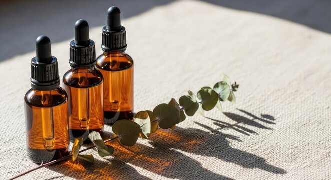A clean composition of amber glass dropper bottles on raw linen, featuring soft sunlight shadows and a sprig of dried eucalyptus leaves, sustainable, aesthetic, clay