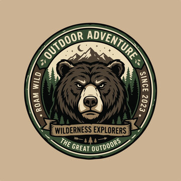 Vintage outdoor adventure badge with a grizzly bear head illustration.