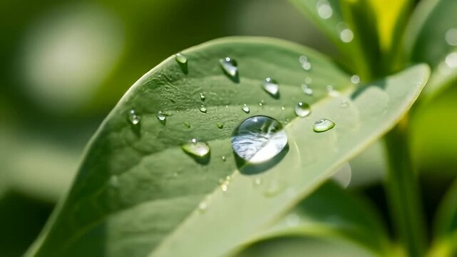 Dewy Leaf Close-up of a vibrant green leaf speckled with glistening, translucent water droplets