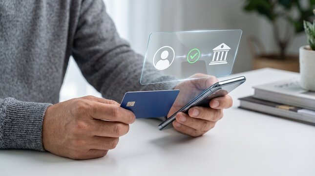 Mobile banking user holding a credit card on a smartphone interface with secure payment icons at home or office, showing modern digital finance, safe transactions and personal money management.