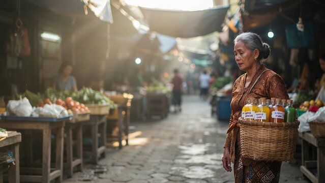 Indonesian Jamu Seller Woman Carrying Traditional Herbal Drinks Basket in Morning Market, Java
