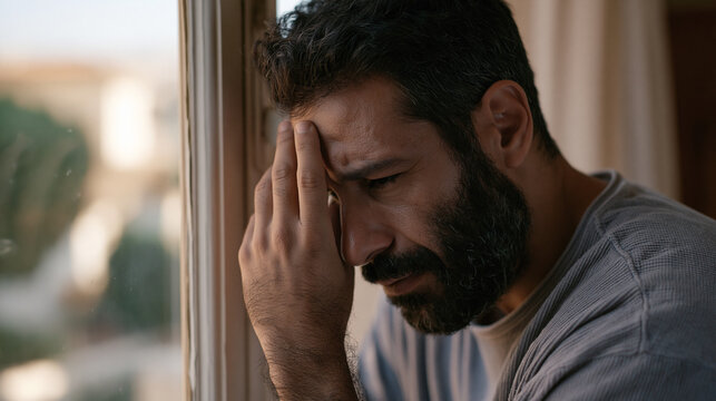 Lebanese man pressing forehead against window of his childhood bedroom now converted to a storage room during a home visit, cultural shame, immigrant return, family expectation,