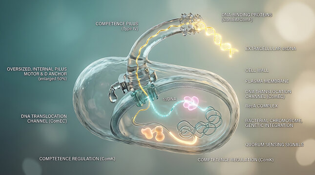 Premium Exceptional Transparent Bacterial Competence Machinery Cutaway Bacteriology Visualization with DNA Uptake and Homologous Recombination