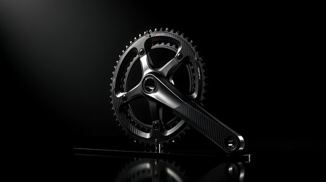 black bicycle crankset with chainring on stand