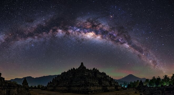 Milky Way galaxy arching over Borobudur Buddhist temple silhouette at night with volcanic mountain in background, Java Indonesia