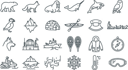Arctic and Antarctic Polar Expedition Line Icon Set with Wild Animals Iceberg Igloo Northern Lights Research Station and Winter Travel Vector Elements © Nazrul