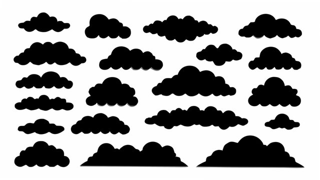 A collection of black cloud silhouettes arranged on a white background displaying various atmospheric formations cloudscape cumulus dark