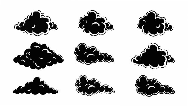 Eight Black Cloud Shapes Flat Silhouette Design On A White Background black clouds cloud shapes cloud silhouettes fluffy clouds puffy clouds cumulus clouds weather clouds