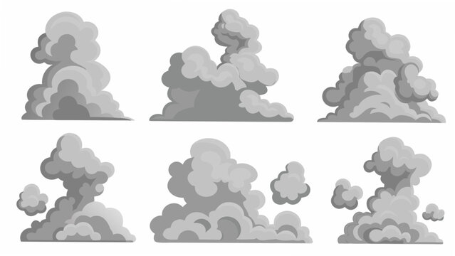 Six grey cloud formations depicted as a vector illustration on a white background showcasing varying shapes cloudscape cumulus