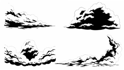 Fototapeta premium Four cloud formations depicted in a black and white vector style with a transparent background clouds cloudscape cumulus