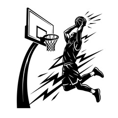 Dynamic black silhouette of a basketball player executing a slam dunk with motion lines and a basketball hoop on a white background © md ruhul11