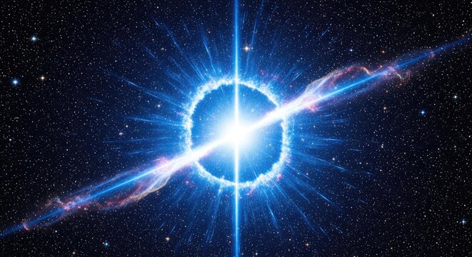 A magnificent cosmic supernova explosion erupts in the deep universe, emitting a powerful bright blue light beam among glittering stars, glow, science, stars