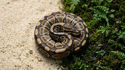 Fototapeta premium A Ball Python Coiled on a Sandy Path Beside Green Mossy Ground in a Detailed Macro Nature Wildlife Photography Portrait