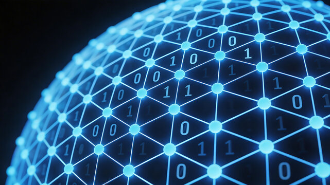 Blue digital globe with binary code